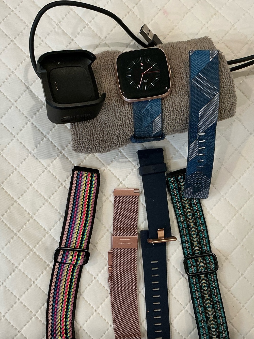 fitbit Rose Gold Smartwatch with Blue Geometric and Multicolor Bands